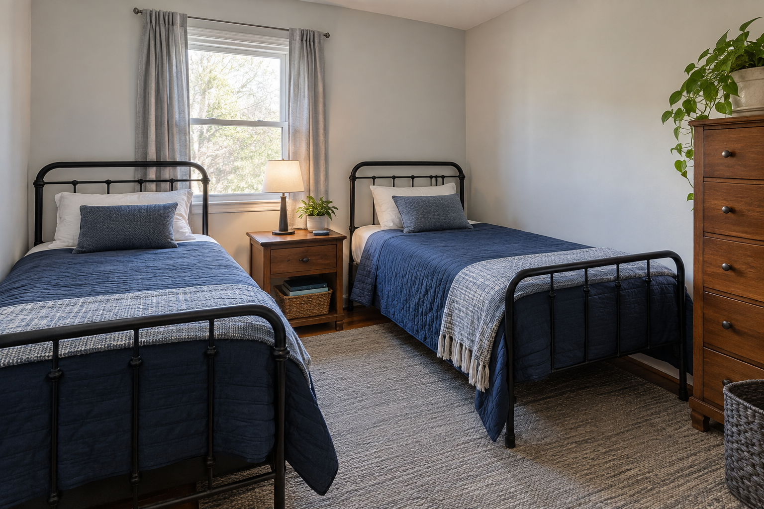 A clean shared bedroom with two iron frame beds, practical furnishings and green plants